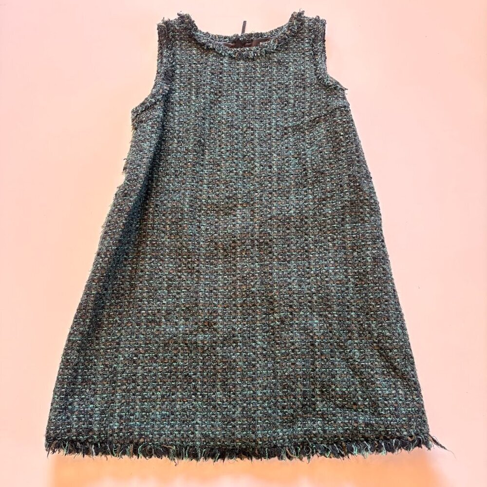 Paule KA Tweed Wool Fringe Dress Green Black Blue Sleeveless Winter Plaid